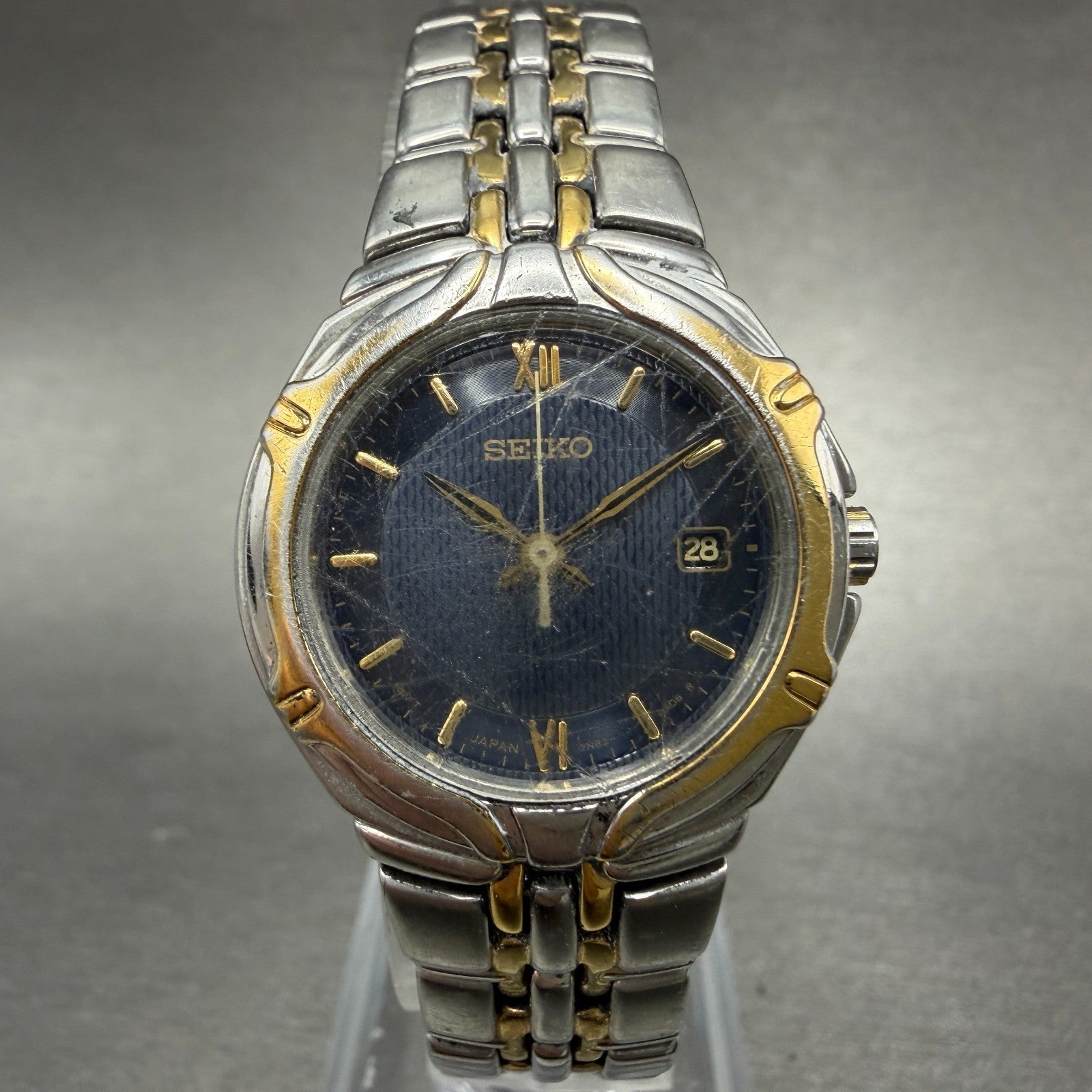 Seiko Watch Women 26mm Blue Dial Two Tone Date Round 7n82-0at0 New Battery VTG0
