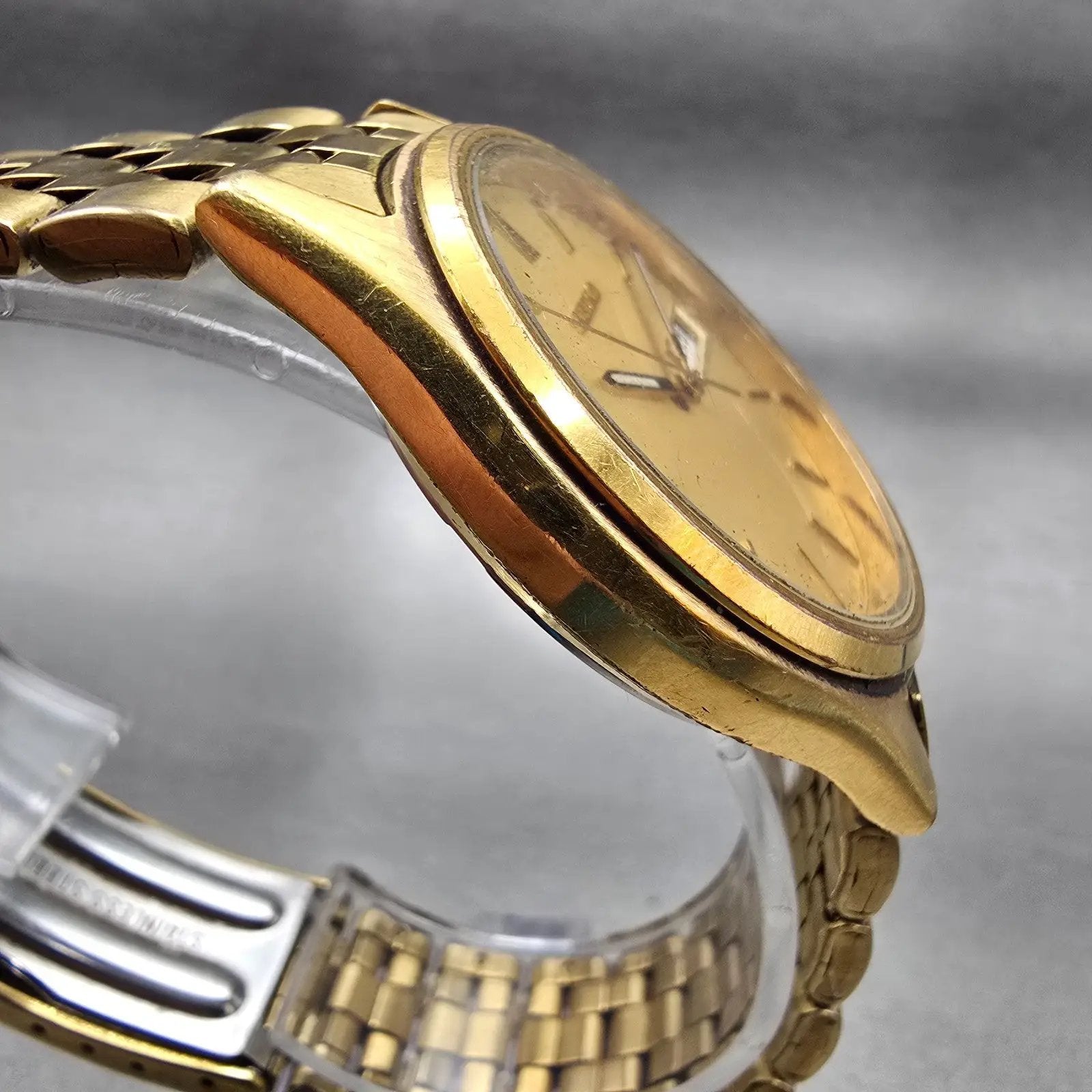 Seiko Watch Men 36mm Gold Dial Gold Tone Daydate Round 7N43-9048 New Battery VTG3