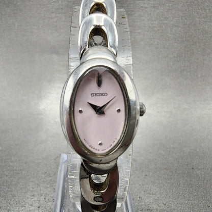 Seiko Watch Women 16mm Pink Dial Silver Tone Oval 1N000MG0 New Battery1