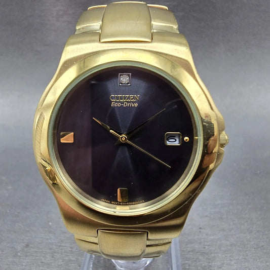 Citizen Eco-Drive Watch Men 37mm Black Dial Gold Tone Date E111-K005825 PARTS0
