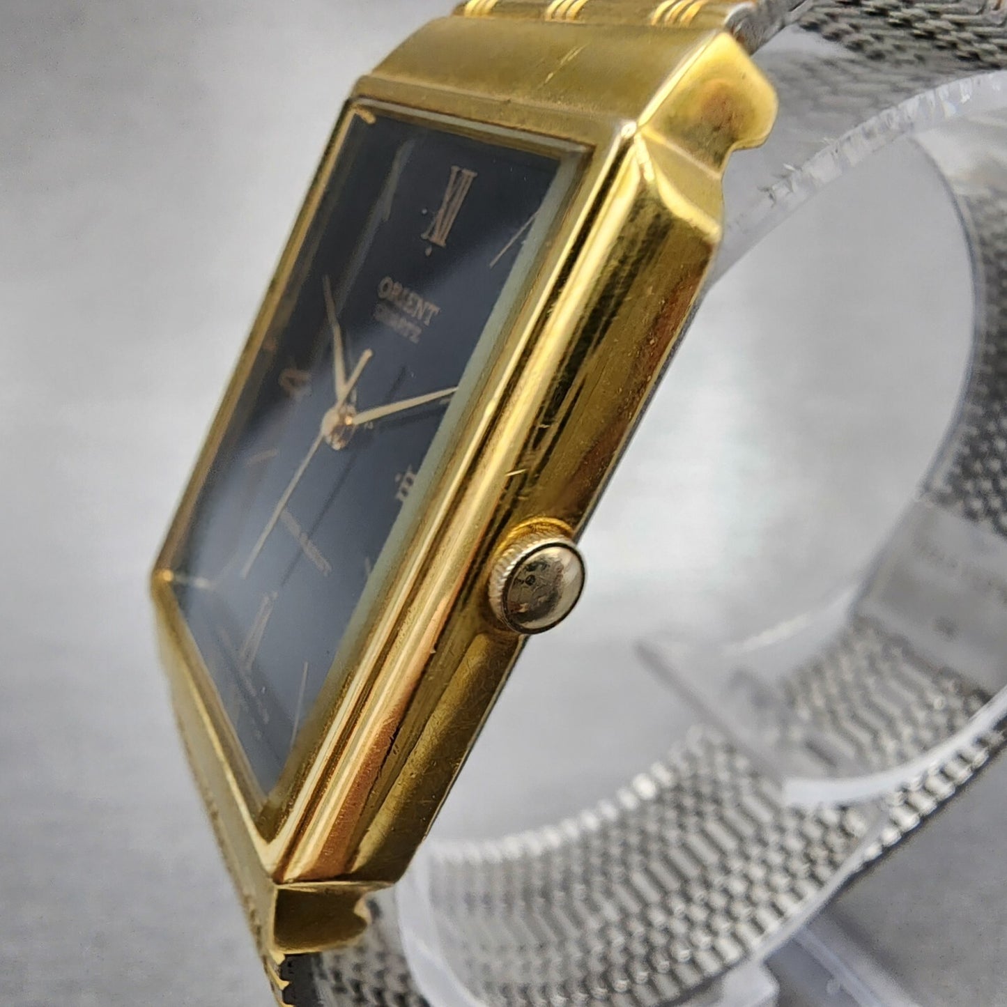 Orient Tank Watch Men 26mm Black Dial Gold Tone Rectangle New Battery VTG2