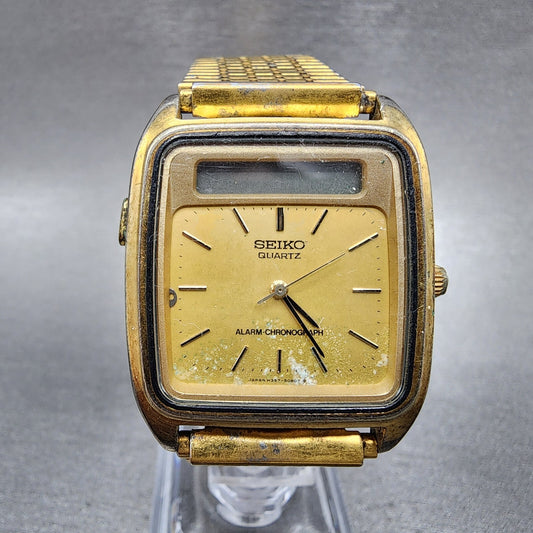 Seiko Analog Digital Watch Men 31mm Gold Dial Gold Tone Rectangle H357-5029 PART
