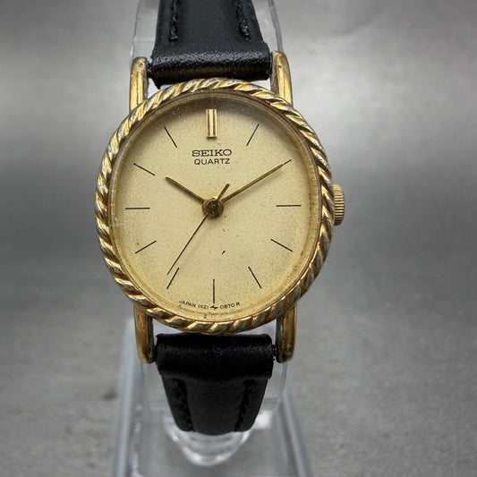 Seiko Watch Women 19mm Champagne Dial Gold Tone Oval 1421-5510 New Battery VTG 20