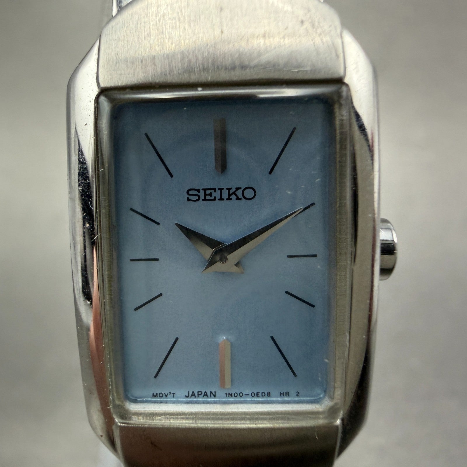 Seiko Tank Watch Women 16mm Blue Dial Silver Tone Rectangle 1N00-0CY0 NewBattery1