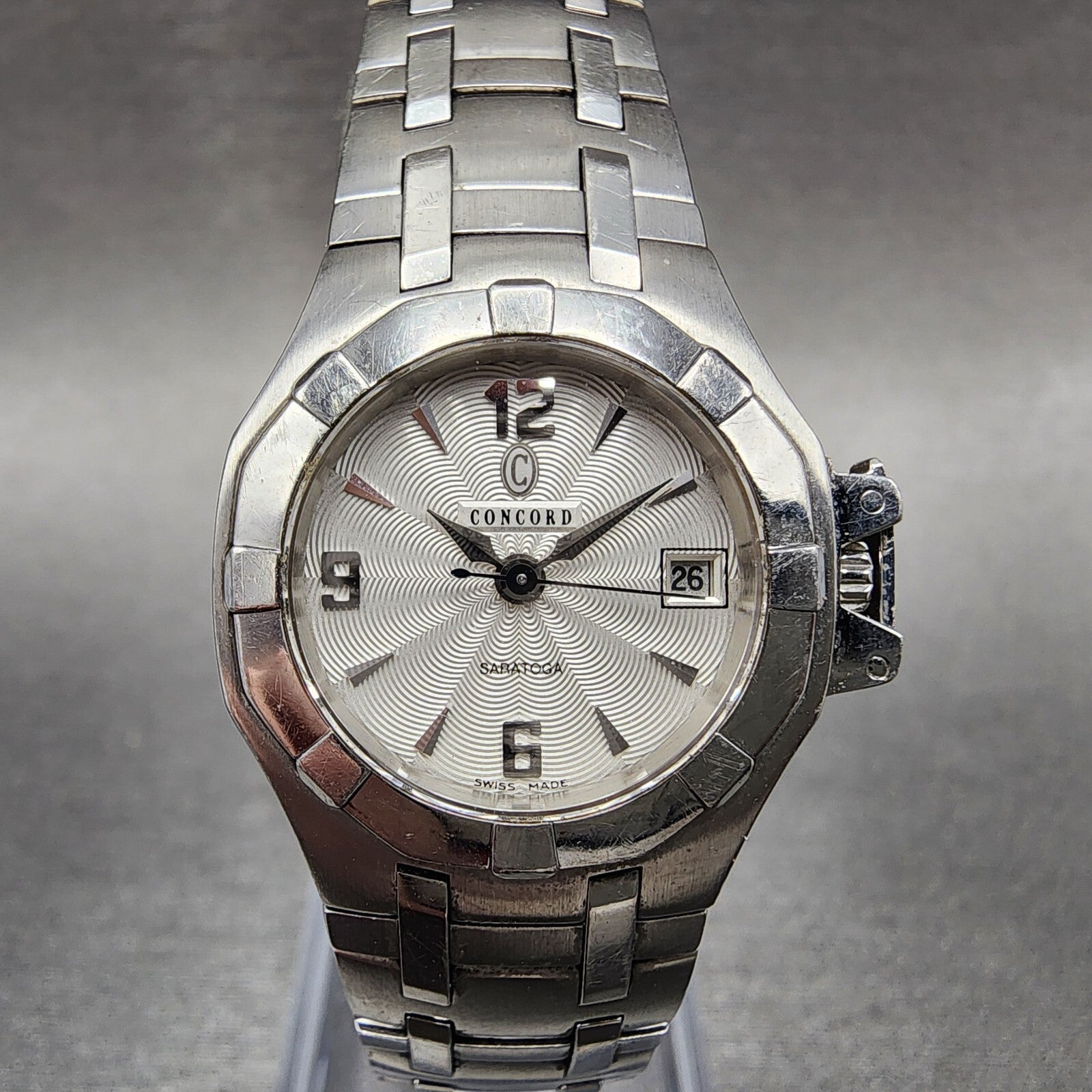 Concord Saratoga Watch Women 25mm White Dial Stainless Steel Date Round New Batt0