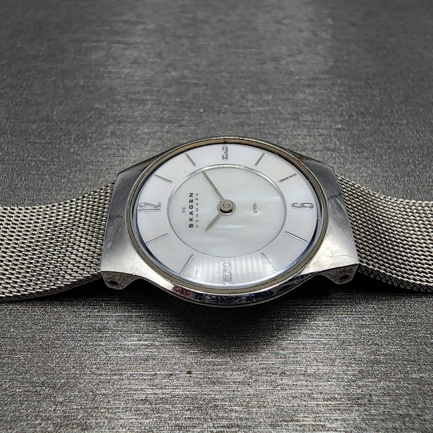 Skagen Steel Watch Women 24mm MOP Dial Stainless Steel Round Mesh band READ Runs5