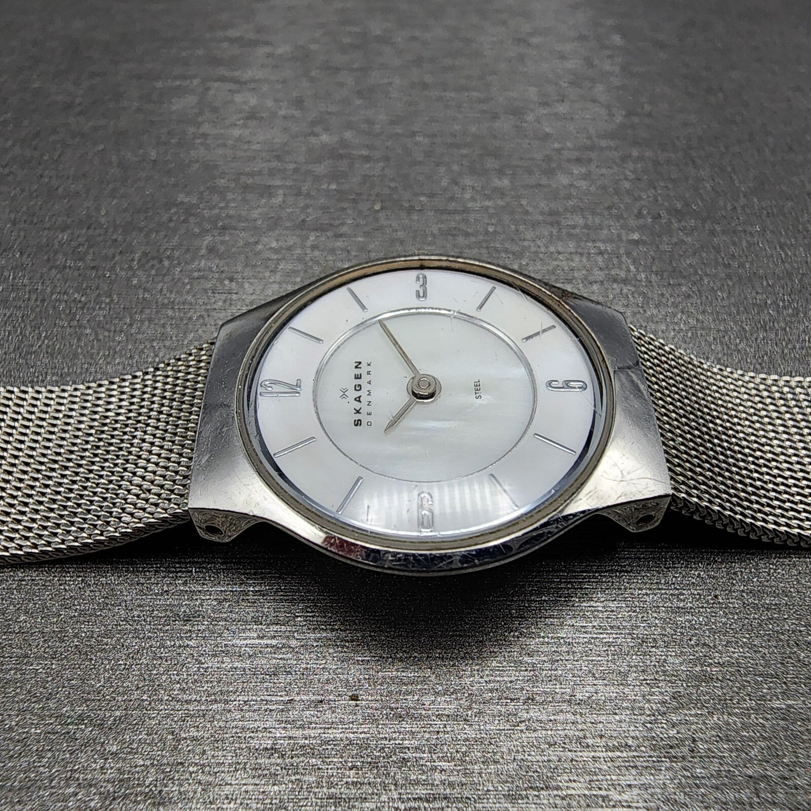 Skagen Steel Watch Women 24mm MOP Dial Stainless Steel Round Mesh band READ Runs5