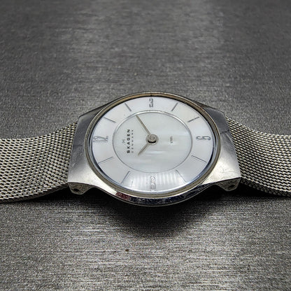 Skagen Steel Watch Women 24mm MOP Dial Stainless Steel Round Mesh band READ Runs5