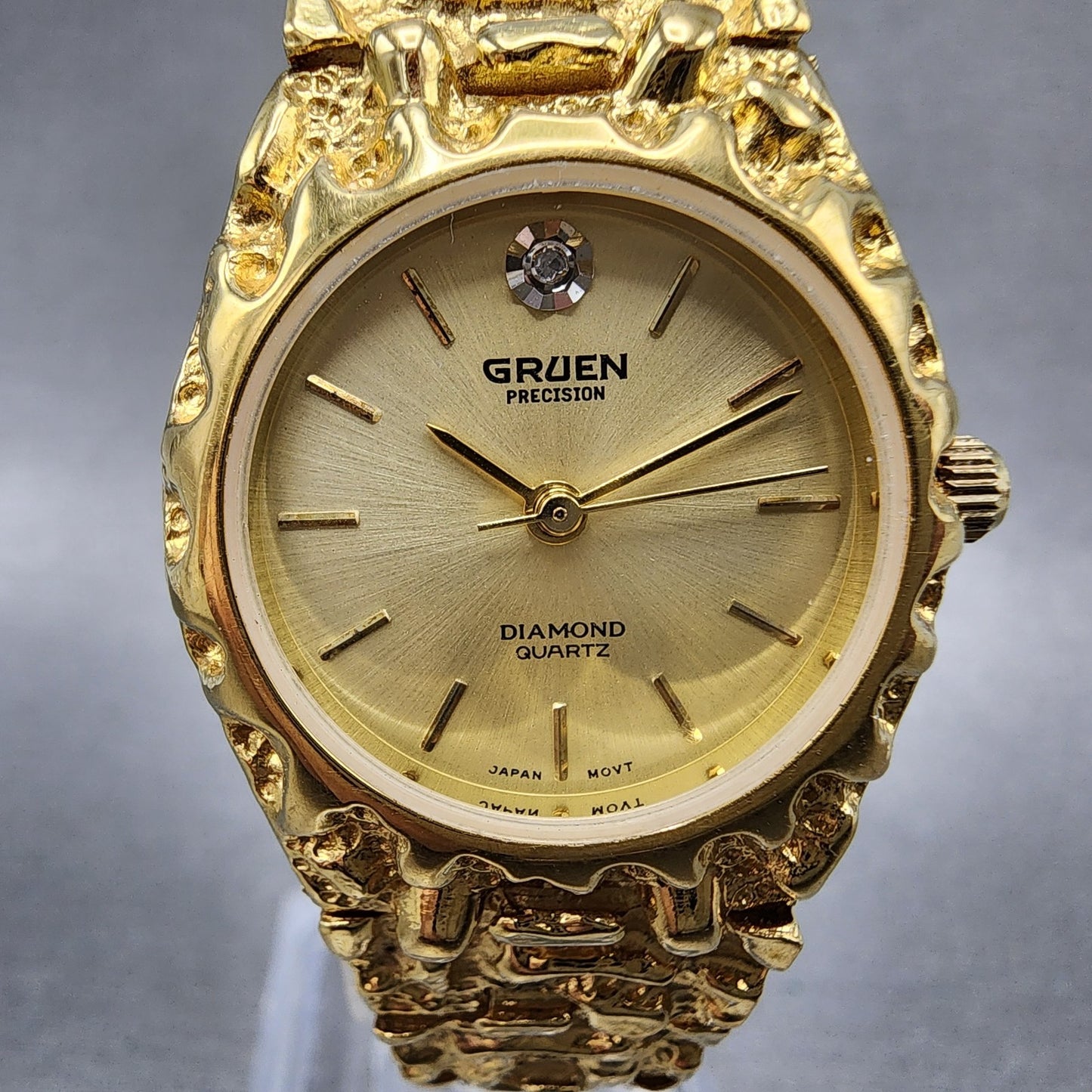 Gruen Watch Women 25mm Champagne Dial Gold Nugget Case Tone New Battery VTG1