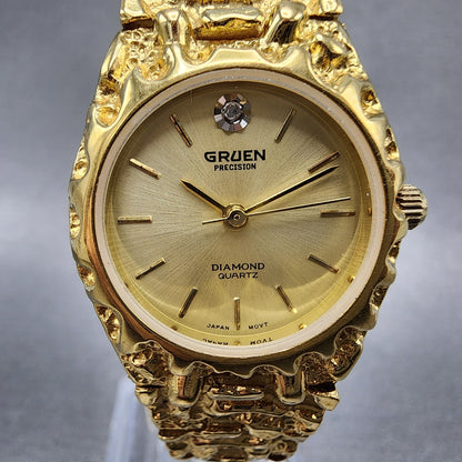 Gruen Watch Women 25mm Champagne Dial Gold Nugget Case Tone New Battery VTG1