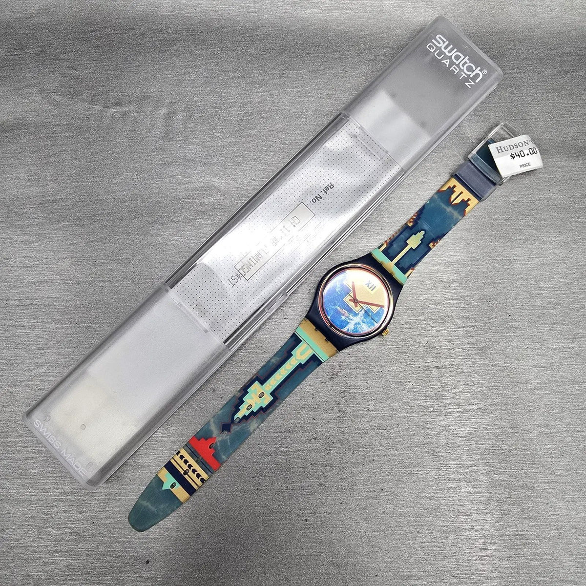 Swatch Blue Flamingo Watch Men 34mm Blue Dial Black Case GN114 New Battery NOS16