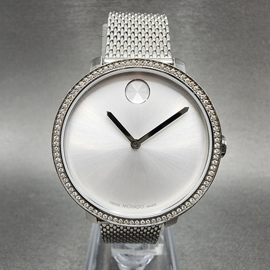 Movado Bold Shimmer Watch Women 34mm Silver Dial Steel Crystal Bezel New Batt0