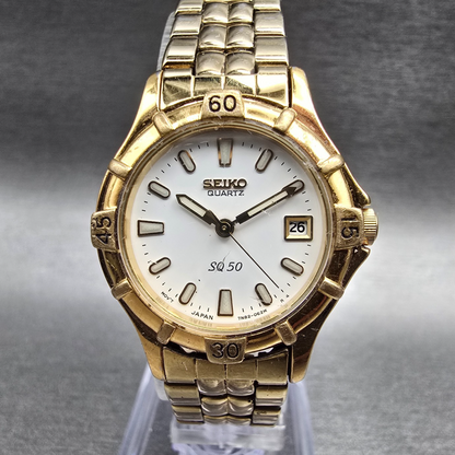 Seiko SQ Watch Women 25mm White Dial Gold Tone Date Round 7N82-0261 New Battery0