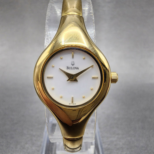 Bulova Watch Women 20mm White Dial Gold Tone Round 97T83 New Battery0