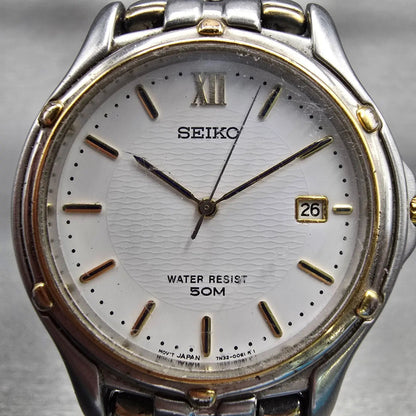 Seiko Watch Men 35mm White Dial Two Tone Date Round 7N32-0049 New Battery VTG1