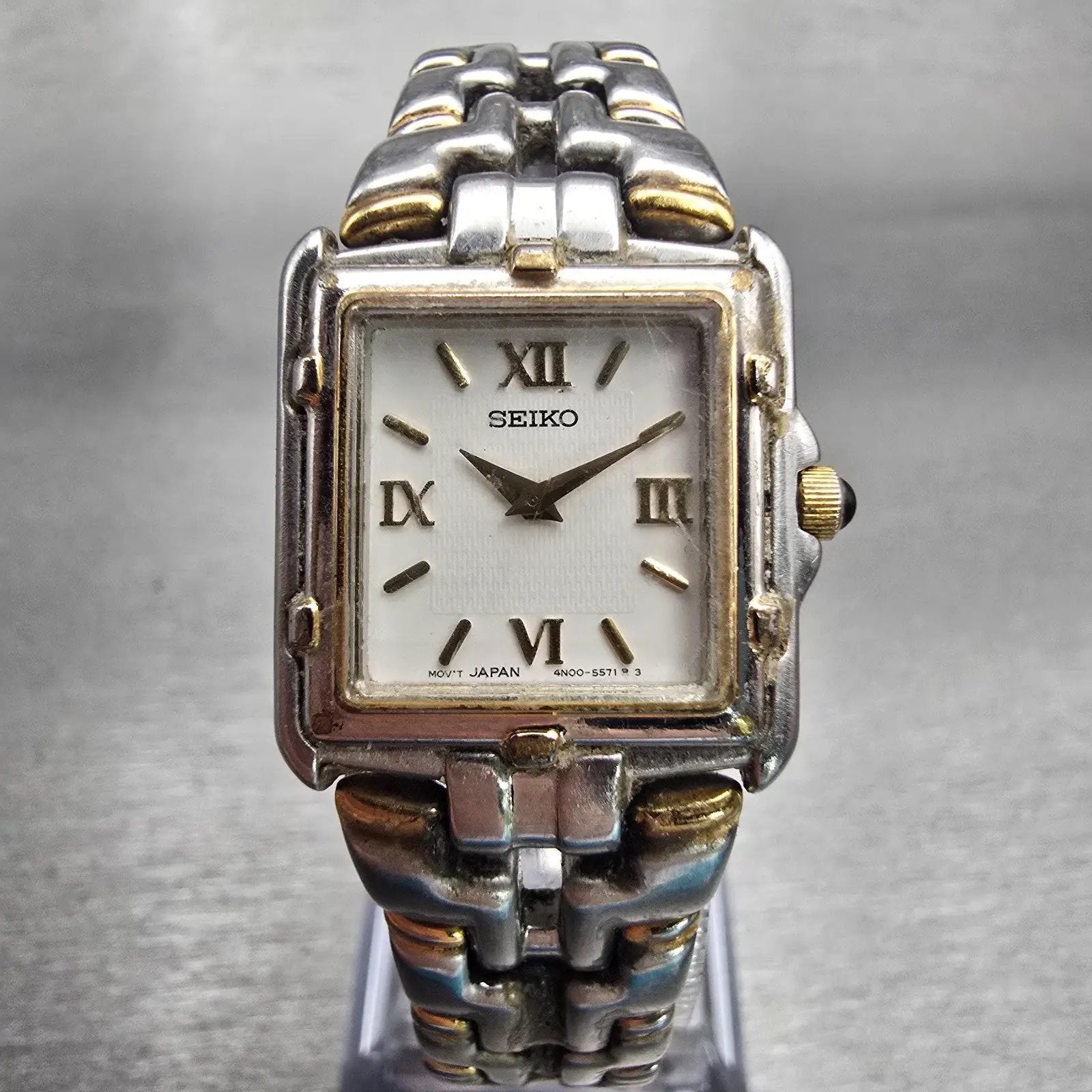 Seiko Watch Women 21mm White Dial Two Tone Rectangle 4N00-7049 New Battery VTG0