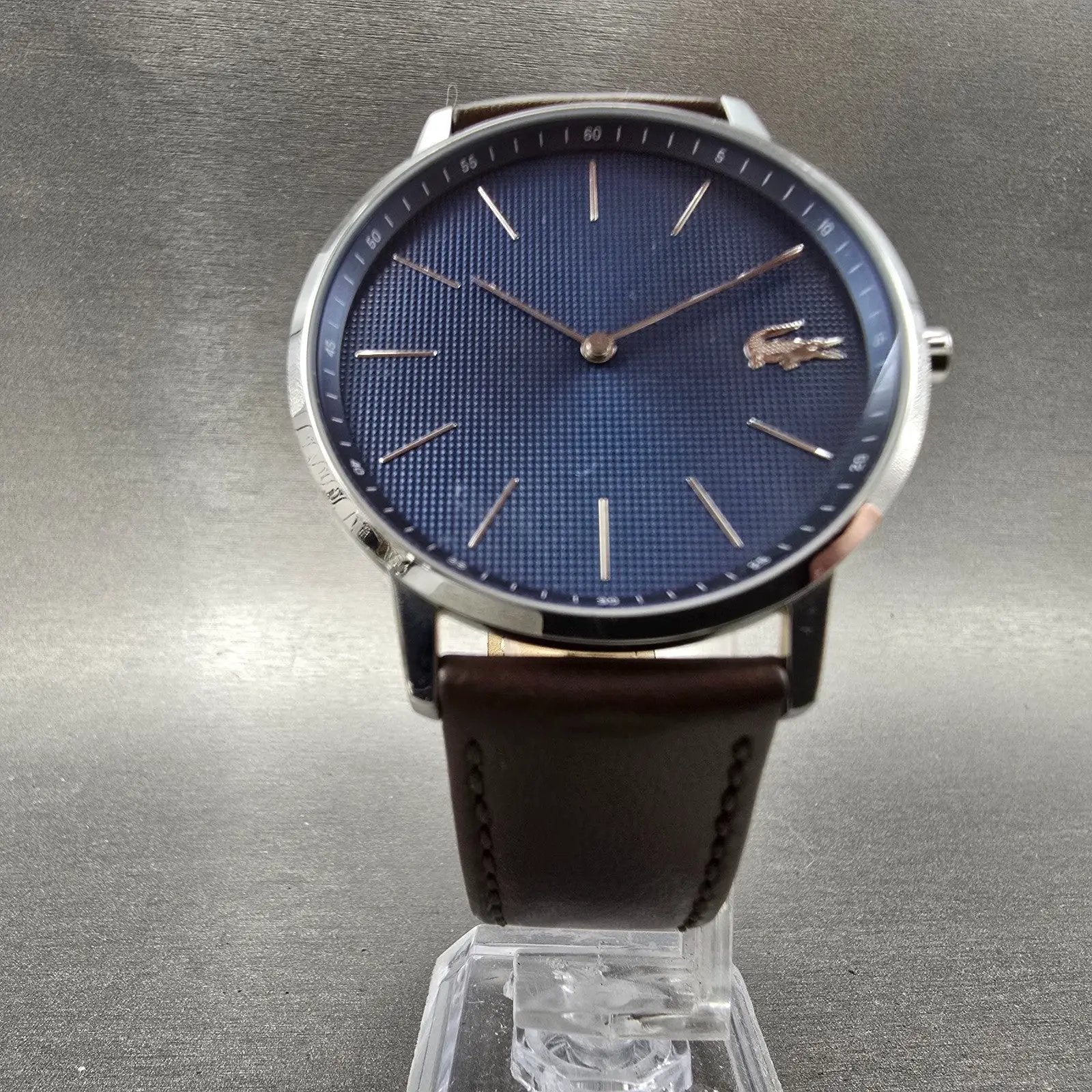 Lacoste Watch Men 41mm Blue Dial Silver Tone Round Leather Band New Battery5