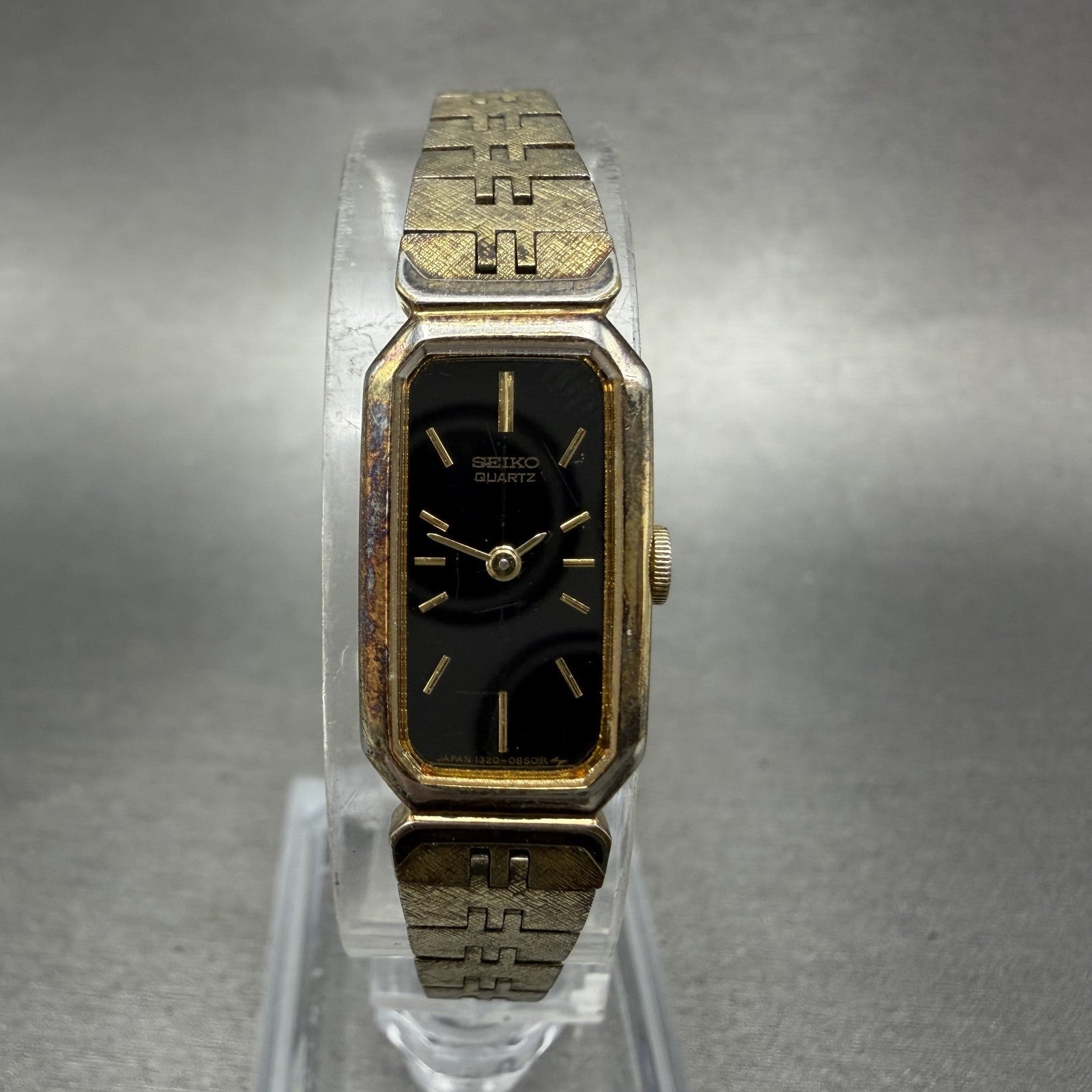 Seiko Tank Watch Women 13mm Black Dial Gold Tone Rectangle 13205649 New Battery0