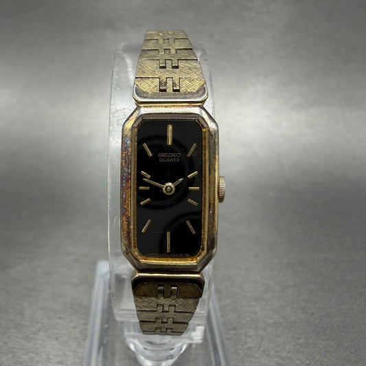 Seiko Tank Watch Women 13mm Black Dial Gold Tone Rectangle 13205649 New Battery0