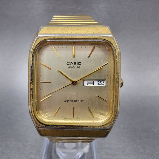 Casio Tank Watch Men 30mm Champagne Dial Gold Tone Rectangle MQ-518 New Battery