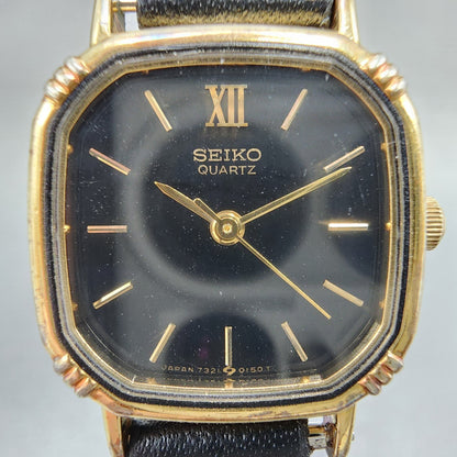 Seiko Watch Women 20mm Black Dial Gold Tone Square 7321507a New Battery1