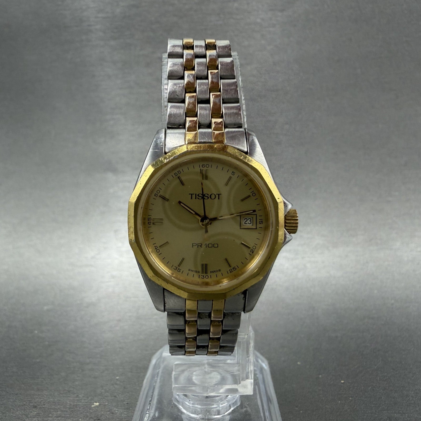 Tissot PR100 Watch Women 25mm Gold Dial Two Tone Date Round P332/432 New Batt5