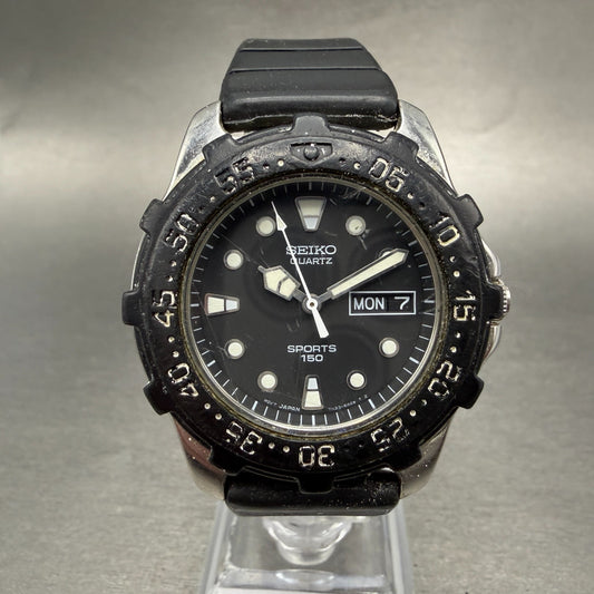 Seiko Diver Sports 150 Watch Men 37mm Black Dial Steel Daydate 7N33-6A3B NewBatt0