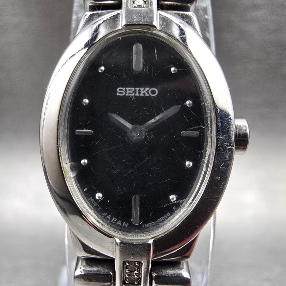 Seiko Watch Women 17mm Black Dial Silver Tone Oval 1N00-0KG0 New Battery1