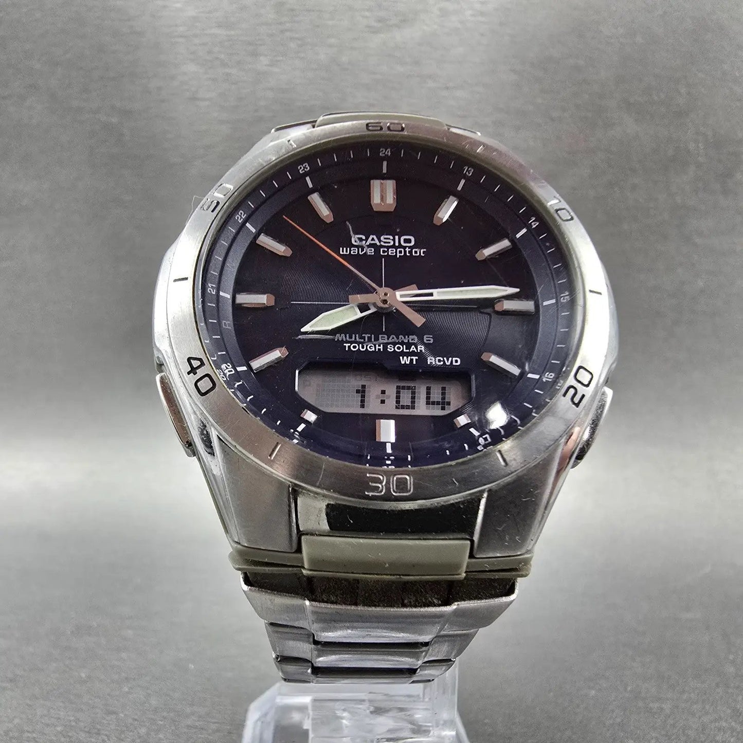 Casio Wave Ceptor Watch Men 43mm Blue Dial Silver Tone Solar Alarm Daydate Runs5