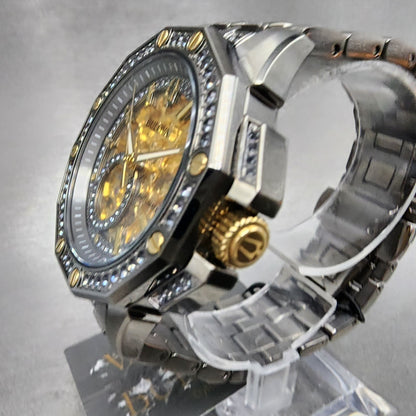 Bulova Octava Watch Men 42mm Gold Skeleton Dial Gunmetal Crystal Bezel 98A2932