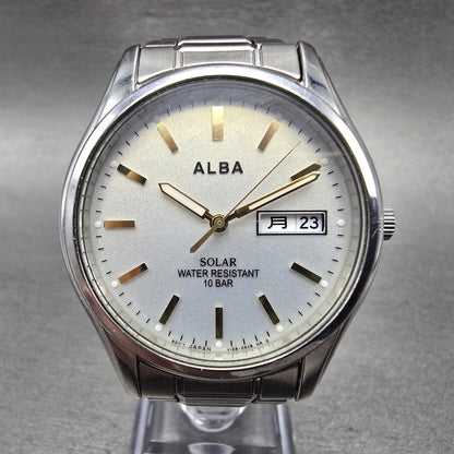 Seiko Alba Solar Watch Men 36mm Silver Dial Silver Tone Daydate V158-0AX0 Runs X0