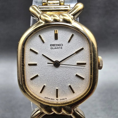 Seiko Watch Women 21mm White Dial Gold Tone Oval 2621-5230 New Battery Vintage1