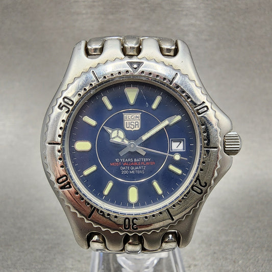 Elgin Dive Watch Men 38mm Black Dial Steel Date FK-664A Round New Battery