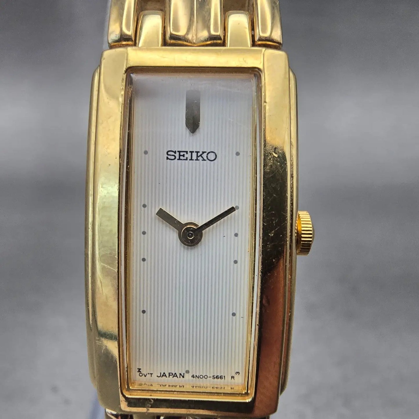 Seiko Watch Women 15mm White Dial Gold Tone Rectangle 4N00-7089 New Battery VTG1
