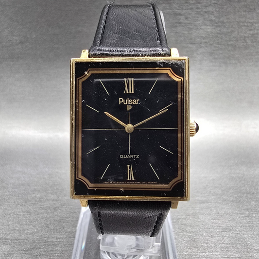 Pulsar Tank Watch Men 24mm Black Dial Gold Tone Rectangle V480-6060 New Battery0