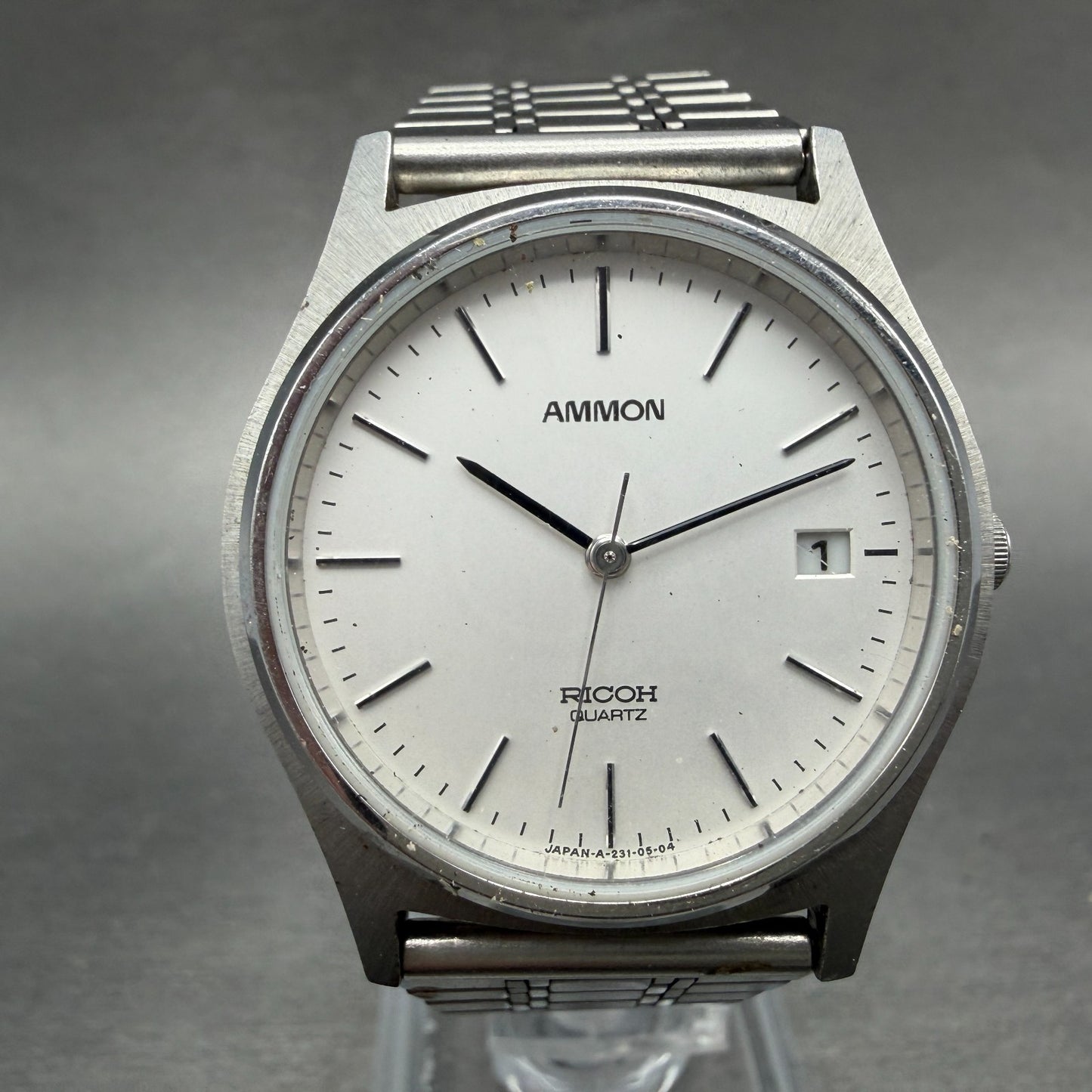 Ricoh Ammon Watch Men 32mm White Dial Silver Tone Date Round New Battery0