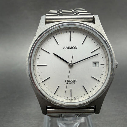 Ricoh Ammon Watch Men 32mm White Dial Silver Tone Date Round New Battery0