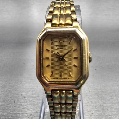 Seiko Watch Women 17mm Gold Dial Gold Tone Rectangle V401-5250 New Battery VTG0