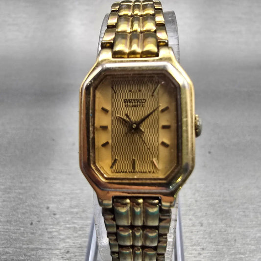 Seiko Watch Women 17mm Gold Dial Gold Tone Rectangle V401-5250 New Battery VTG0
