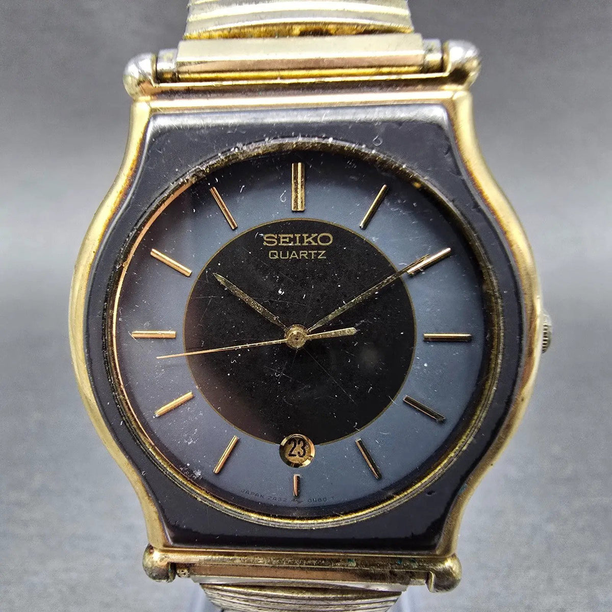 Seiko Watch Men 32mm Black Dial Gold Date 2A23 Movement 0149 VTG JPPARTS0
