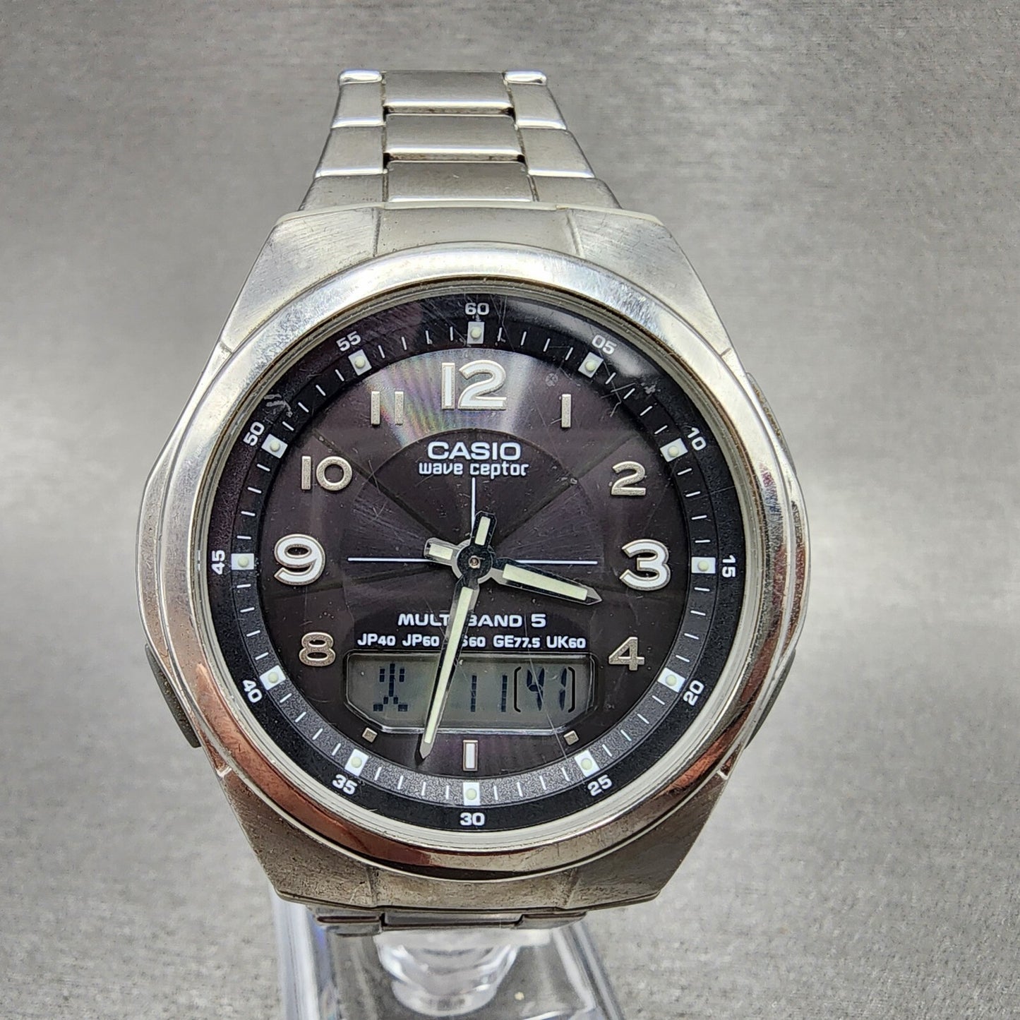 Casio Wave Ceptor Watch Men 41mm Black Dial Steel Analog Digital Solar Runs0