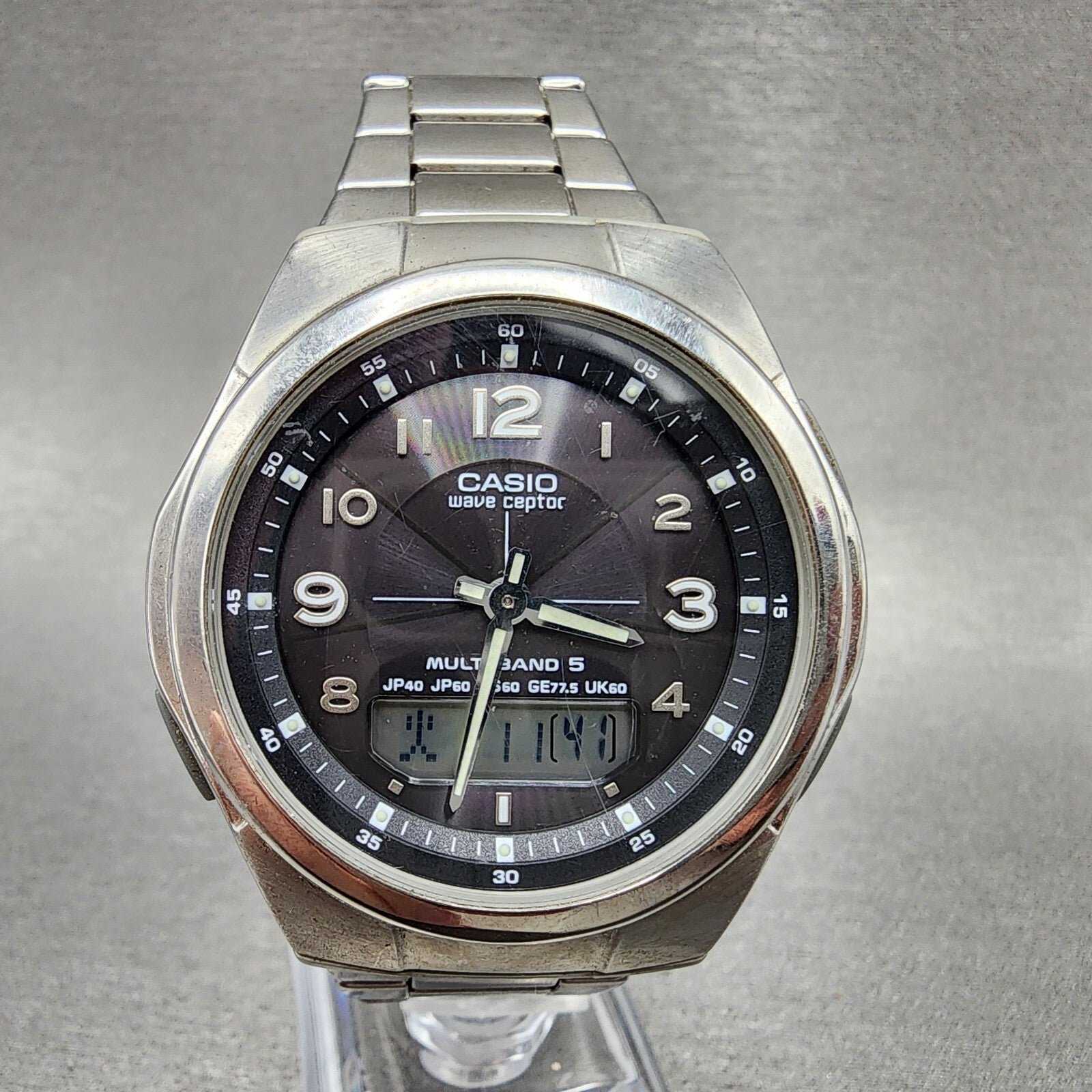Casio Wave Ceptor Watch Men 41mm Black Dial Steel Analog Digital Solar Runs0