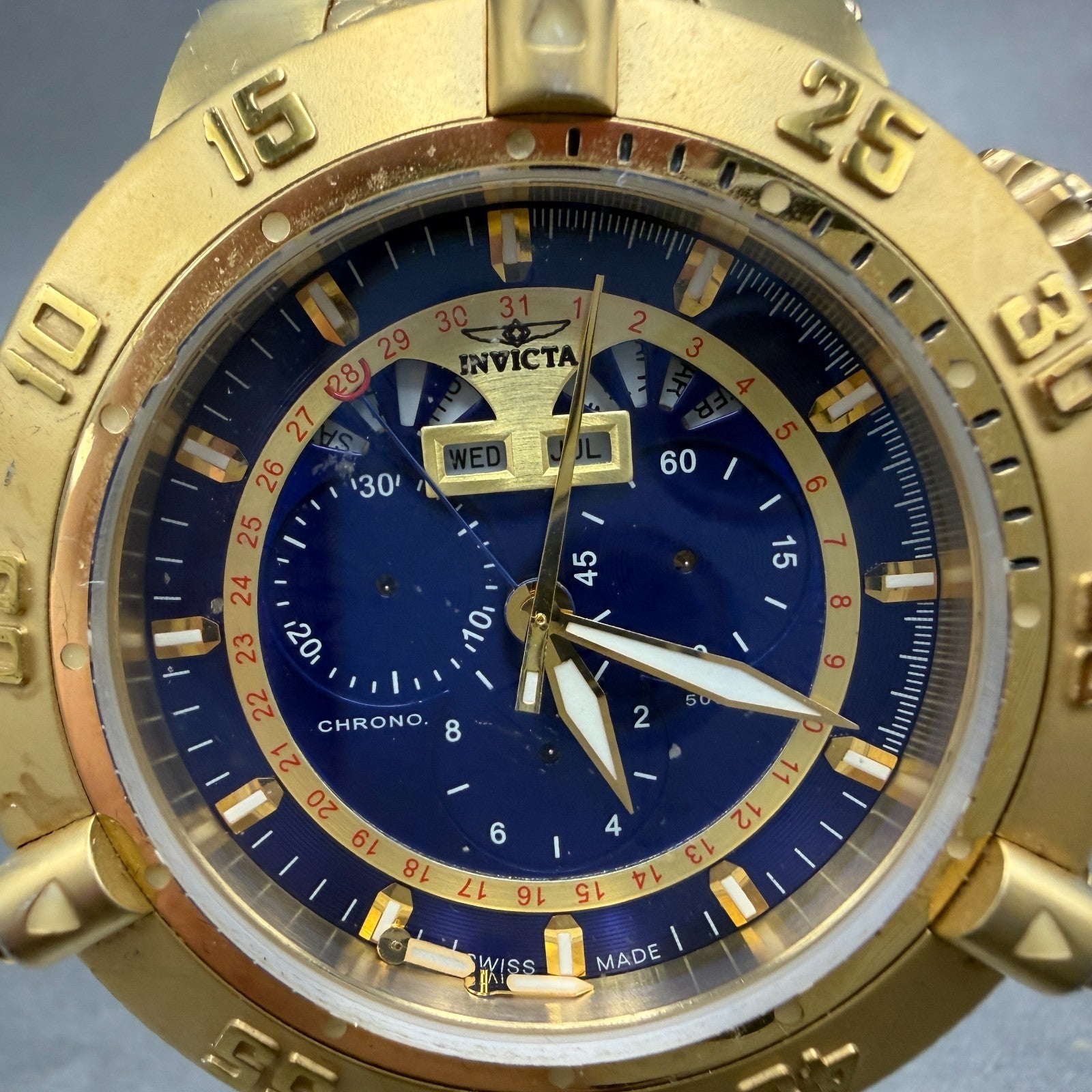 Invicta Sub Aqua Triple Calendar Watch Men 50mm Blue Dial Gold Tone 5698 PARTS2