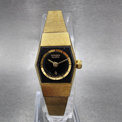 Citizen CQ Watch Women 17mm Black Dial Gold Tone Hexagon 3220322231 New Batt0