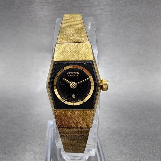 Citizen CQ Watch Women 17mm Black Dial Gold Tone Hexagon 3220322231 New Batt0