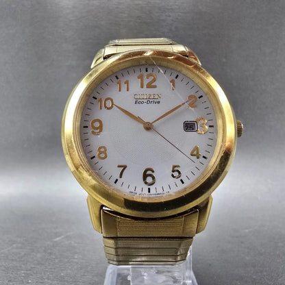 Citizen Eco-Drive Watch Men 38mm White Dial Gold Tone Date E111-S022894 Runs JP5