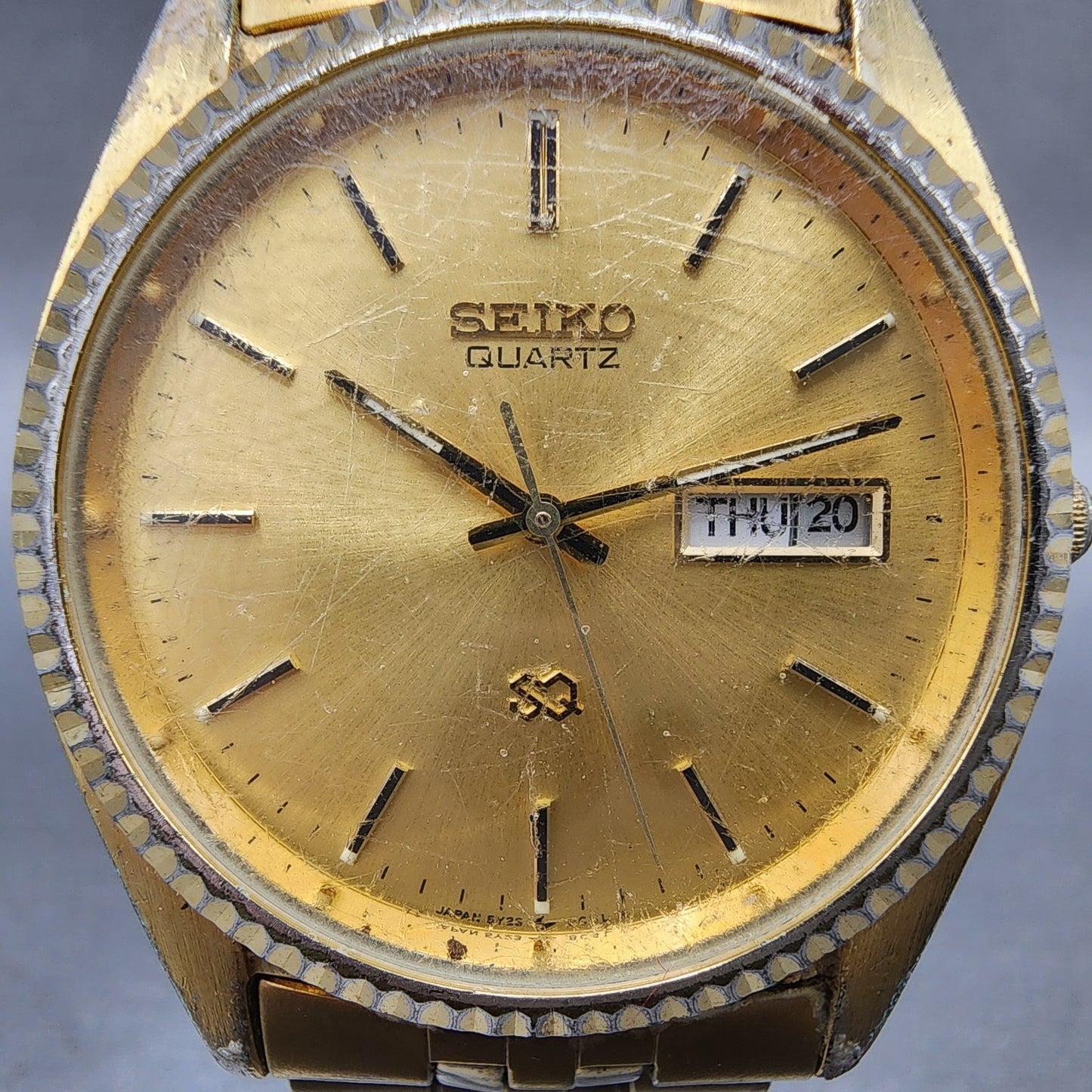 Seiko SQ Watch 37mm Men Gold Dial Gold Tone Daydate Round 5y238a68 New Battery1