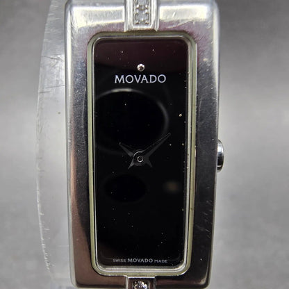 Movado Vivo Tank Watch Women 14mm Black Dial Steel Rectangle Diamonds New Batt1