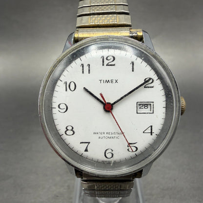 Timex Viscount Automatic Watch Men 35mm White Dial Silver Tone Date Round Runs0