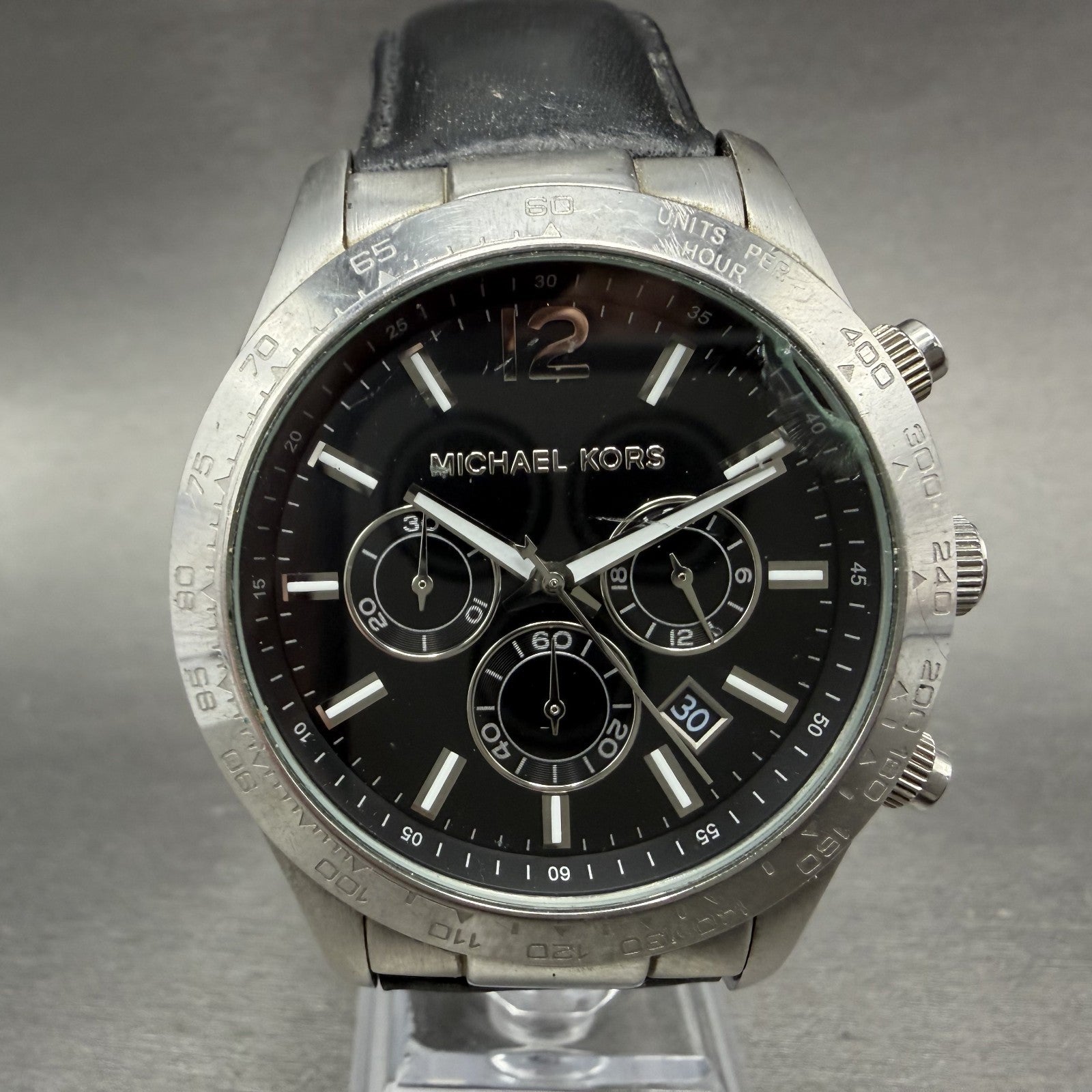 Michael Kors Layton Chronograph Watch Men 44mm Black Dial Steel MK-8215 NewBat0